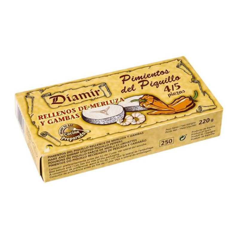 Pimientos de Piquillos Relleno de Merluza y Gambas Diamir 220g Pimientos de Piquillos Relleno de Merluza y Gambas Diamir 220g